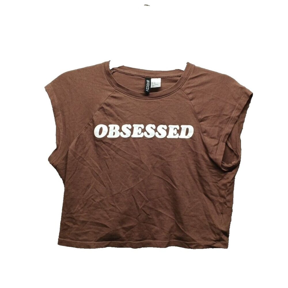 H&M "OBSESSED" Crop T-Shirt Size M (8-10) Women Short Sleeve Cotton Brown Knit